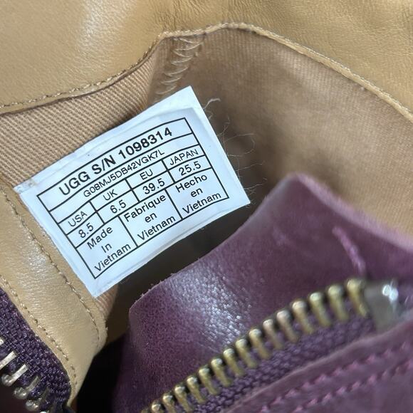 UGG Women Sz 8.5 Aureo Leather Zippered Ankle Bootie Almond Toe Burgundy Purple - Picture 8 of 10